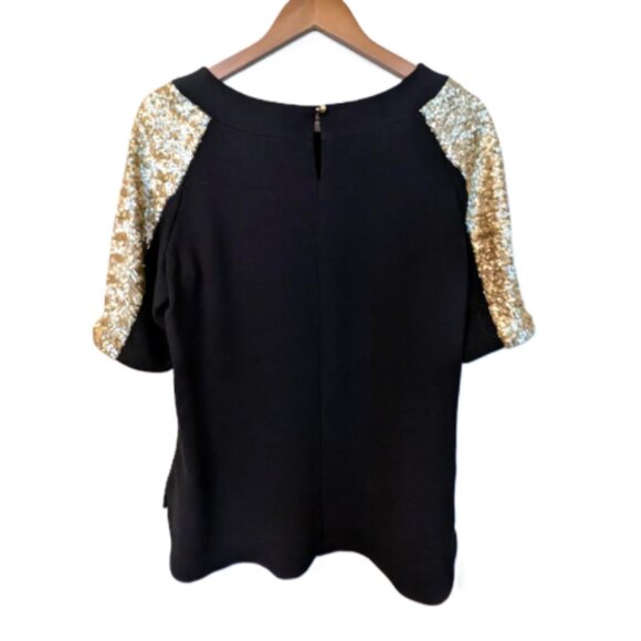 NWT Melanie Lyne Crepe Top with Gold Sequined Sleeves - Picture 2 of 9